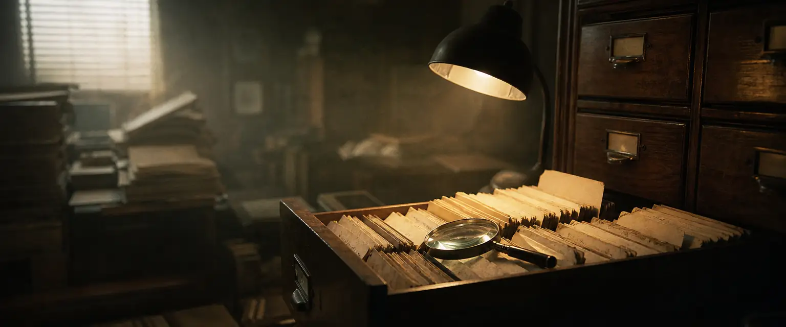 An open wooden filing cabinet drawer stuffed with yellowed index cards and paper folders, a magnifying glass and desk lamp