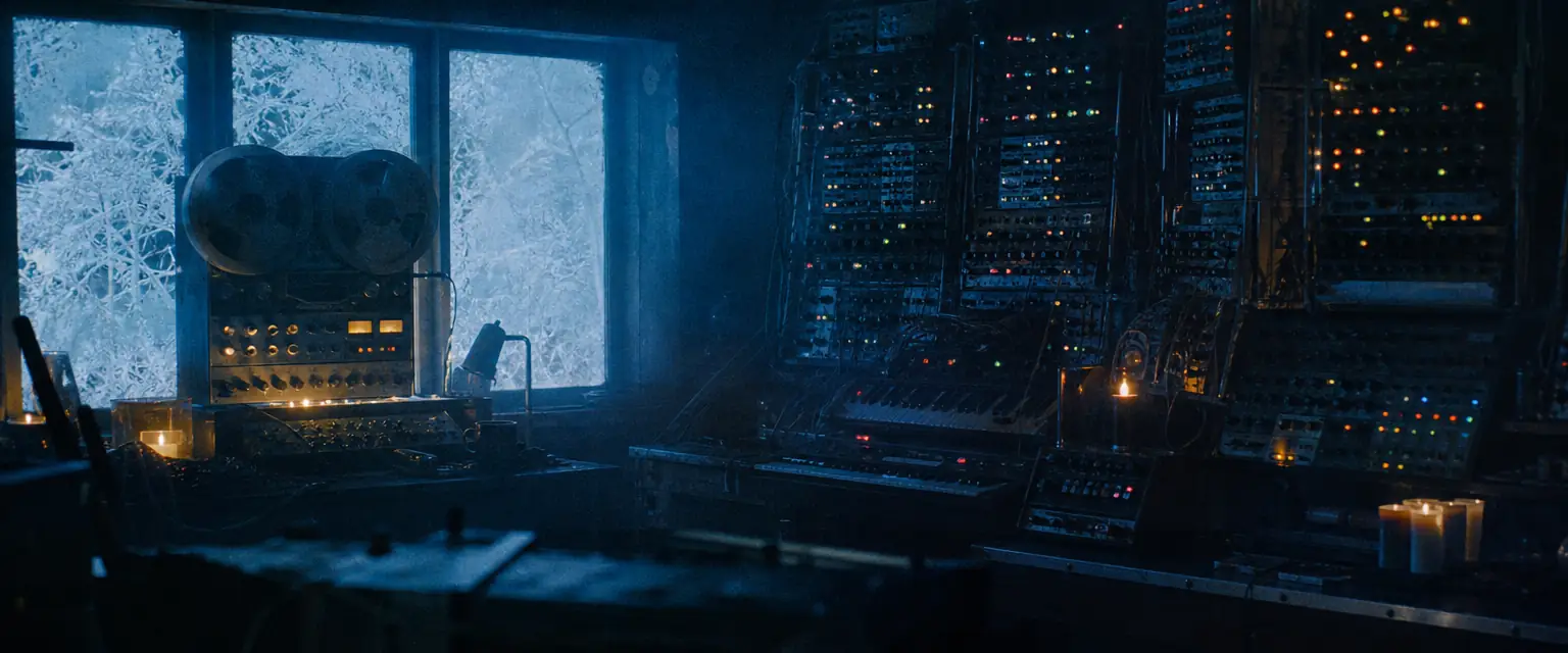A vintage reel-to-reel tape machine and a wall of analog synthesizers with colored indicator lights, frost on a window