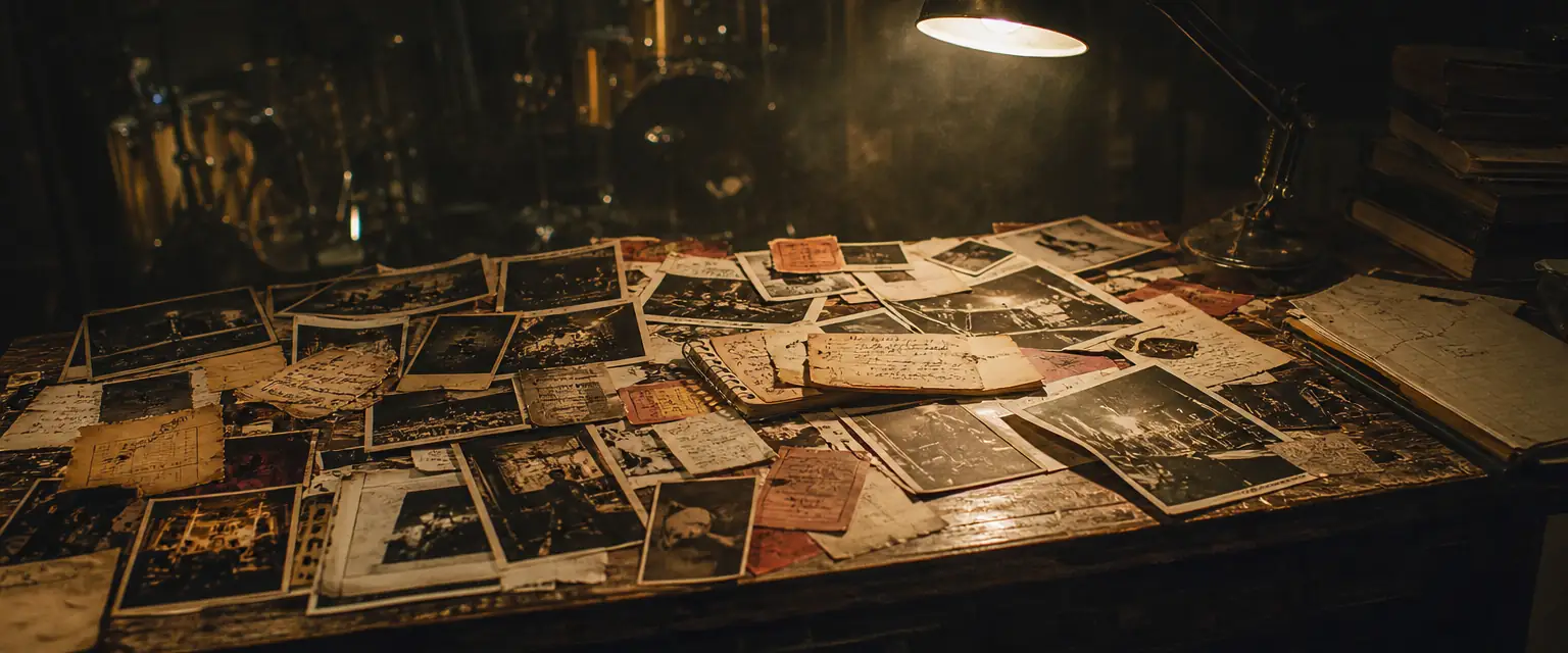 An old wooden desk covered with vintage photographs, ticket stubs, and handwritten notes under a desk lamp