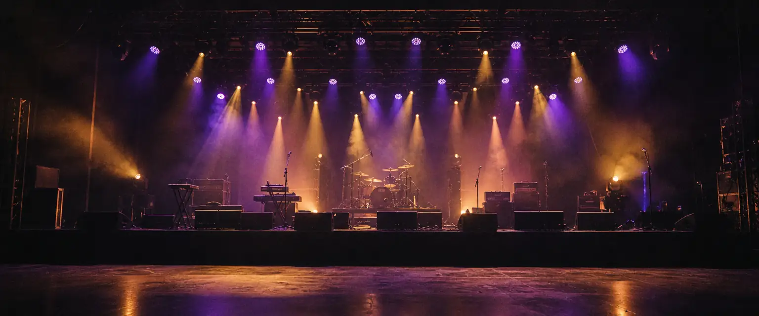 A view from an empty audience floor toward a lit concert stage with a colored lighting rig glowing through haze