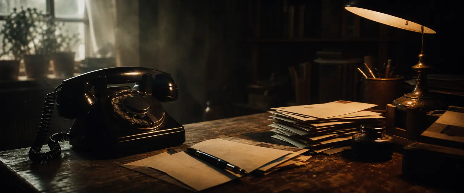 A vintage rotary telephone beside hand-addressed envelopes and a fountain pen on an old wooden desk