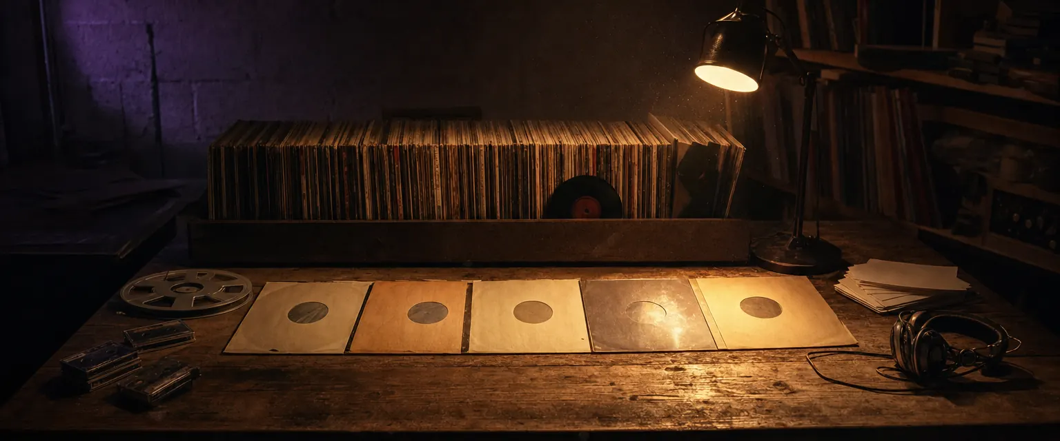 Five records in plain sleeves laid out in a row on a worn wooden table under a desk lamp, a long crate of records behind them in the dark