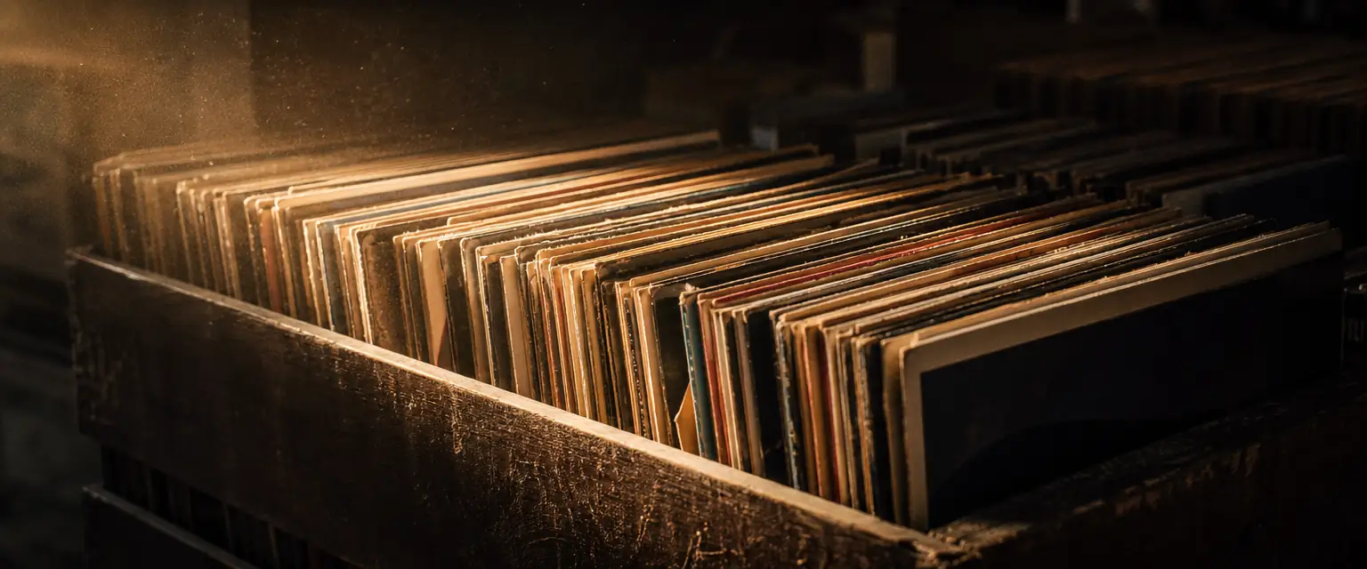 A deep wooden crate overflowing with vinyl records standing on edge, warm light raking across the spines