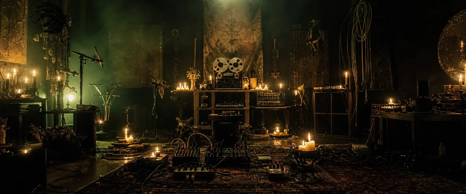 A dim, ritualistic-feeling rehearsal space with candles, a reel-to-reel tape recorder, and hand-built analog electronics