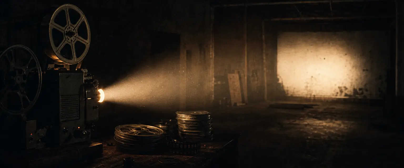 An old 16mm film projector casting a beam of light through a dark, dusty screening room
