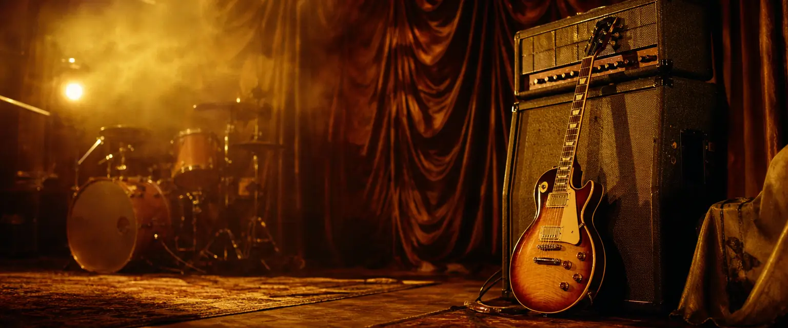 A 1970s-style rock stage bathed in warm amber and gold light, a sunburst electric guitar leaning on an amplifier stack