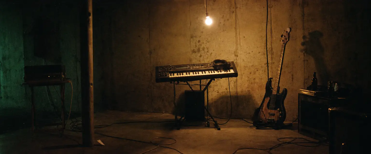 A dim, raw early-1990s rehearsal room with a cheap analog synthesizer and a battered bass guitar under a bare bulb