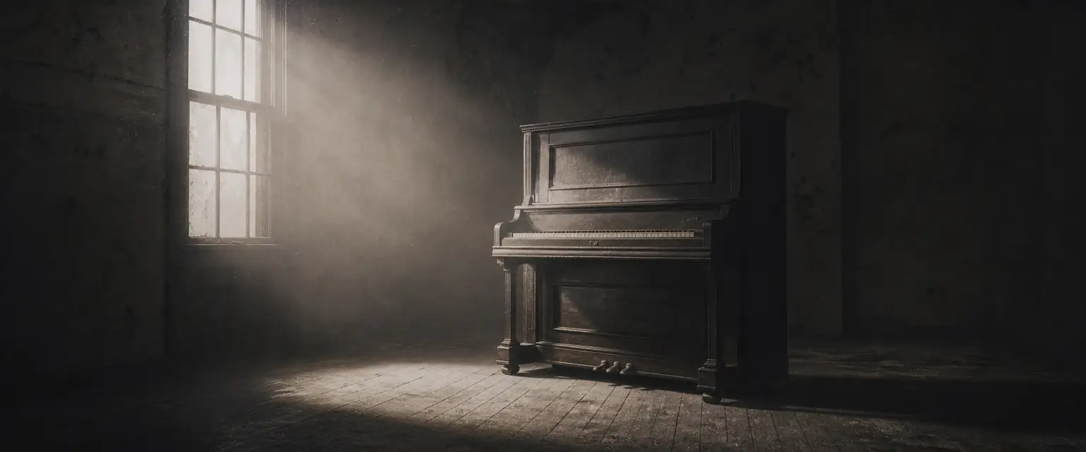 A sparse room with a single old upright piano lit by a shaft of pale grey light through a window