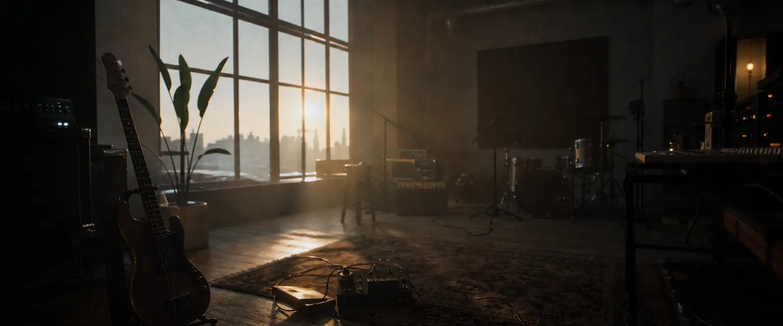 A modern, clean rehearsal space at dawn with contemporary music gear and a bass guitar in soft natural light