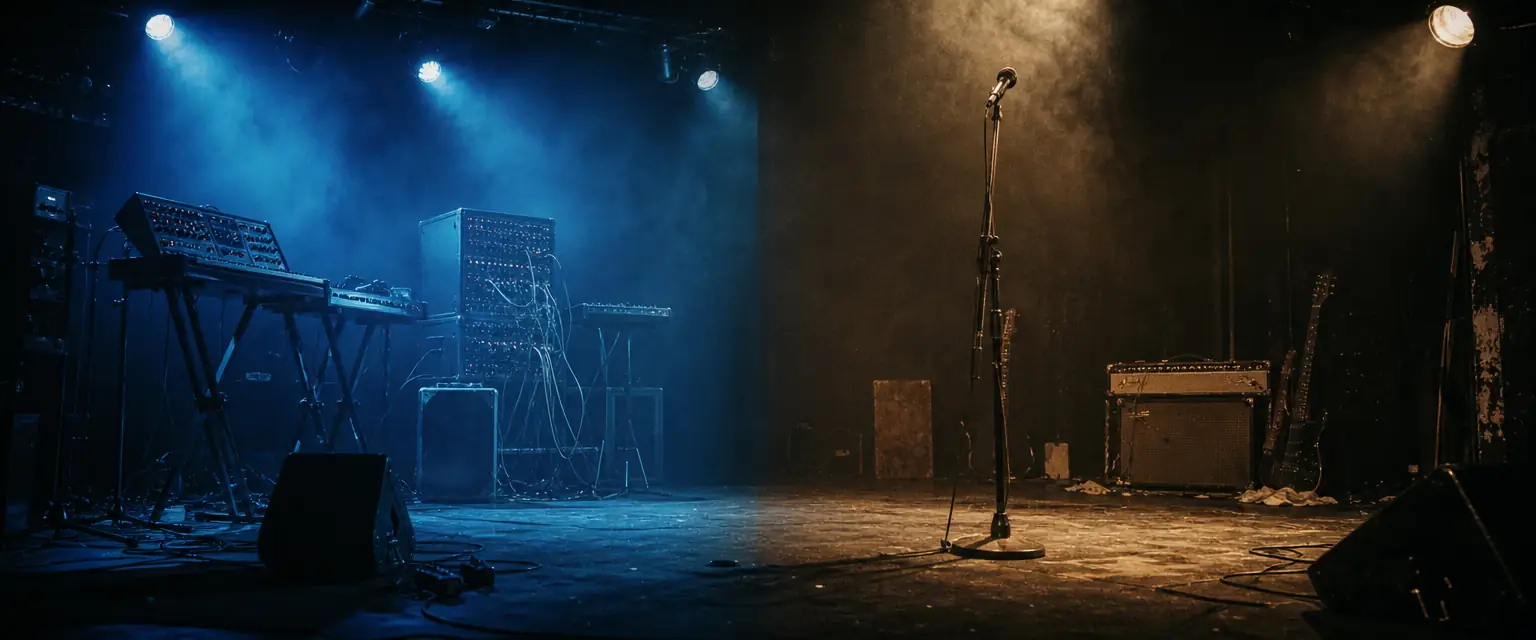 A stage split into two halves: cold blue synthesizer gear on one side, a raw punk-style guitar amp setup on the other