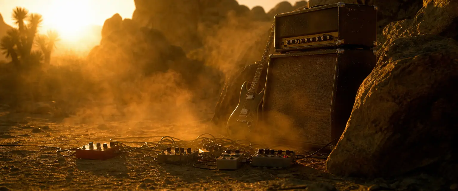 A hazy desert-rock stage scene at golden hour with fuzz guitar pedals and a warm-toned amplifier stack