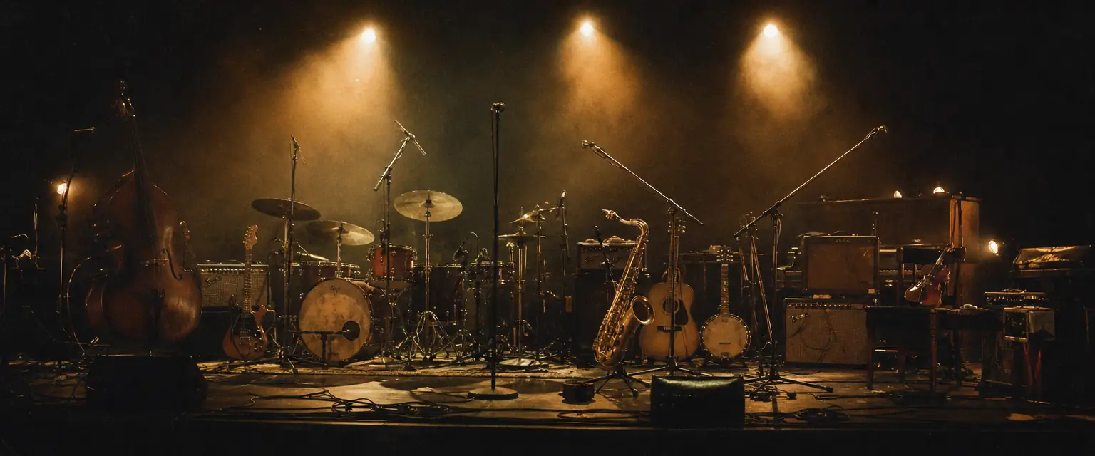 A wide stage set with a ten-piece band's worth of instruments and amplifiers, tangled cables, warm amber lighting