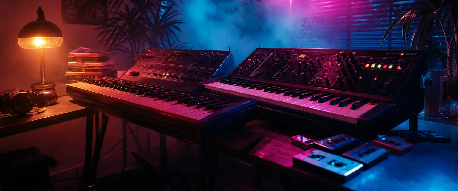 A retro 1980s-style home synthesizer setup with two keyboards side by side, warm magenta and cyan neon light