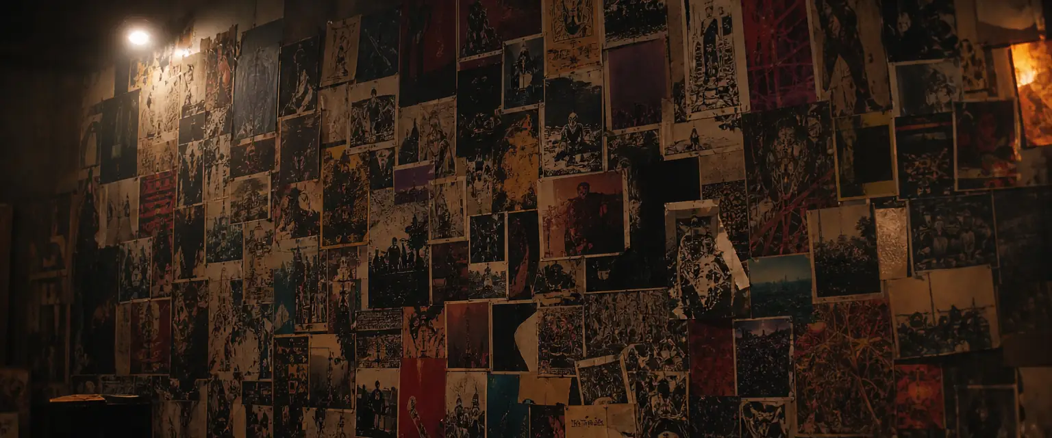 A cluttered wall covered in overlapping gig posters and handbills for many different obscure bands