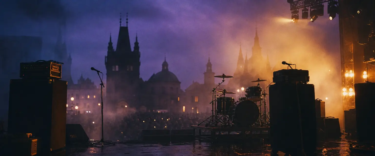 A foggy outdoor festival stage at dusk, silhouetted amplifier stacks and a drum kit against a violet sky