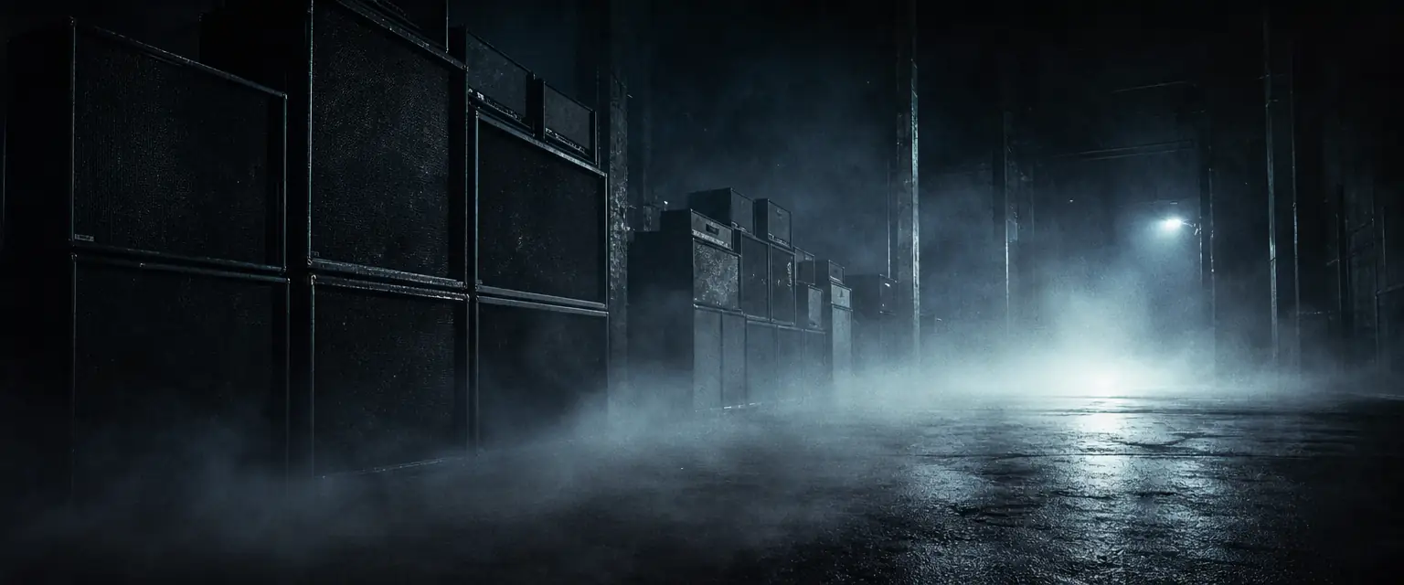 A vast, cold industrial space at night lit by a single work light, massive amplifier stacks fading into fog