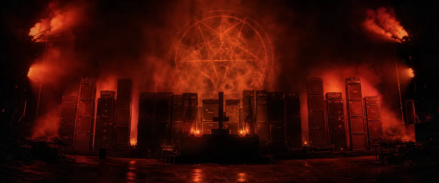 A dark stage bathed in hellish red and orange light with heavy smoke and a wall of tall guitar amplifier stacks