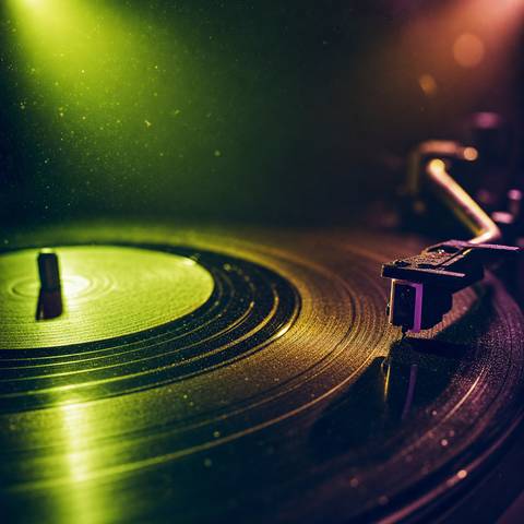 Macro photograph of a vinyl record groove under colored stage lighting
